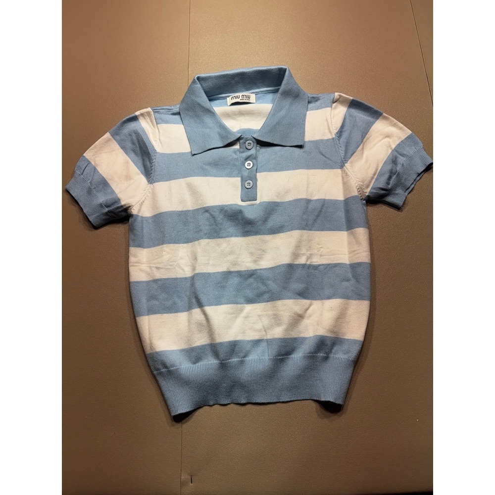 LIKE "Miu Miu" Blue White Striped Cotton Knit Polo Shirt Made in Italy